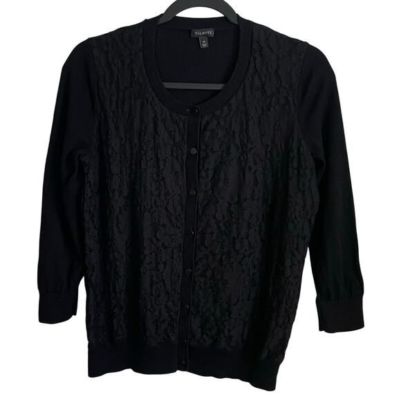 Talbots Sweaters - Talbots Cardigan Sweater Sz M Lace Front Black 3/4 Sleeves Button Front Feminine